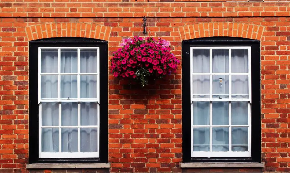 Serious Curb Appeal front exterior of brick home with windows hanging pink flowers plant